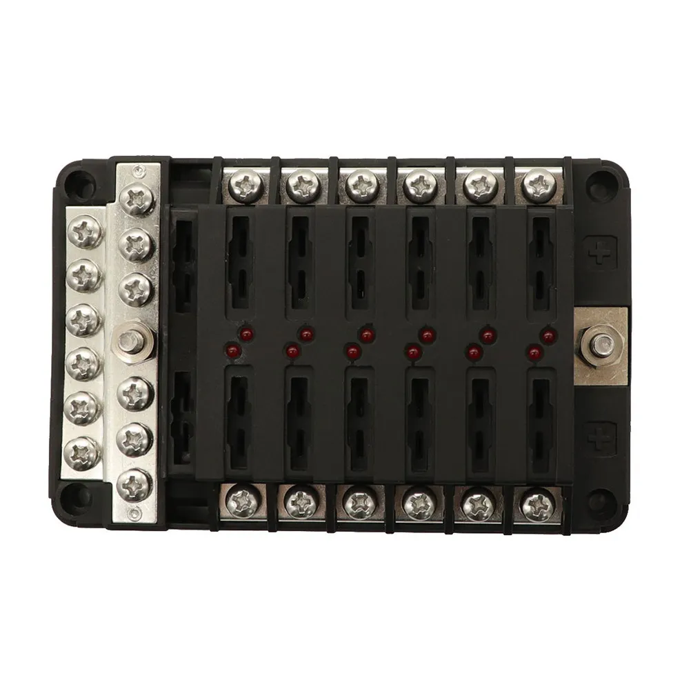 

12 Way Fuse Box Holder LED Warning Indicator Transparent Rotating Cover Pa66 Flame Resistant for Car Boat Marine Automotive Fuse