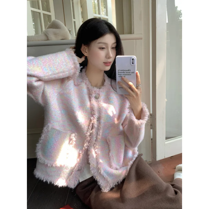

Winter Women Pink Cardigan Cozy Cashmere Top V-neck Knitted Vintage Jacket Long Sleeve 2024 Blue Harajuku High Quality Tops