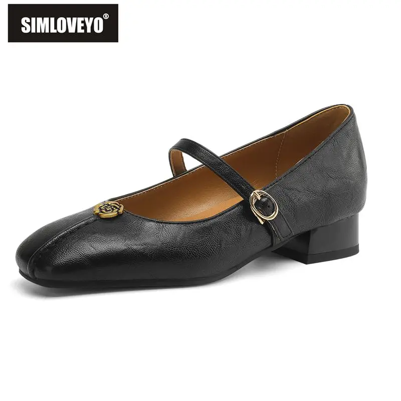 

SIMLOVEYO Beige Women Flats Square Toe Buckle Strap Flower Large Size 41 42 43 Leisure Office Lady Shoes Handmade Soft Footwear