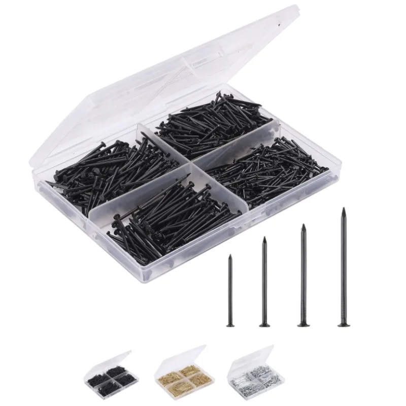 Nail Assortment Kit, 200 Pcs, 4 Sizes, Silver, Small Nails for Hanging Pictures, Finishing Nails, Gold Wall Nails for