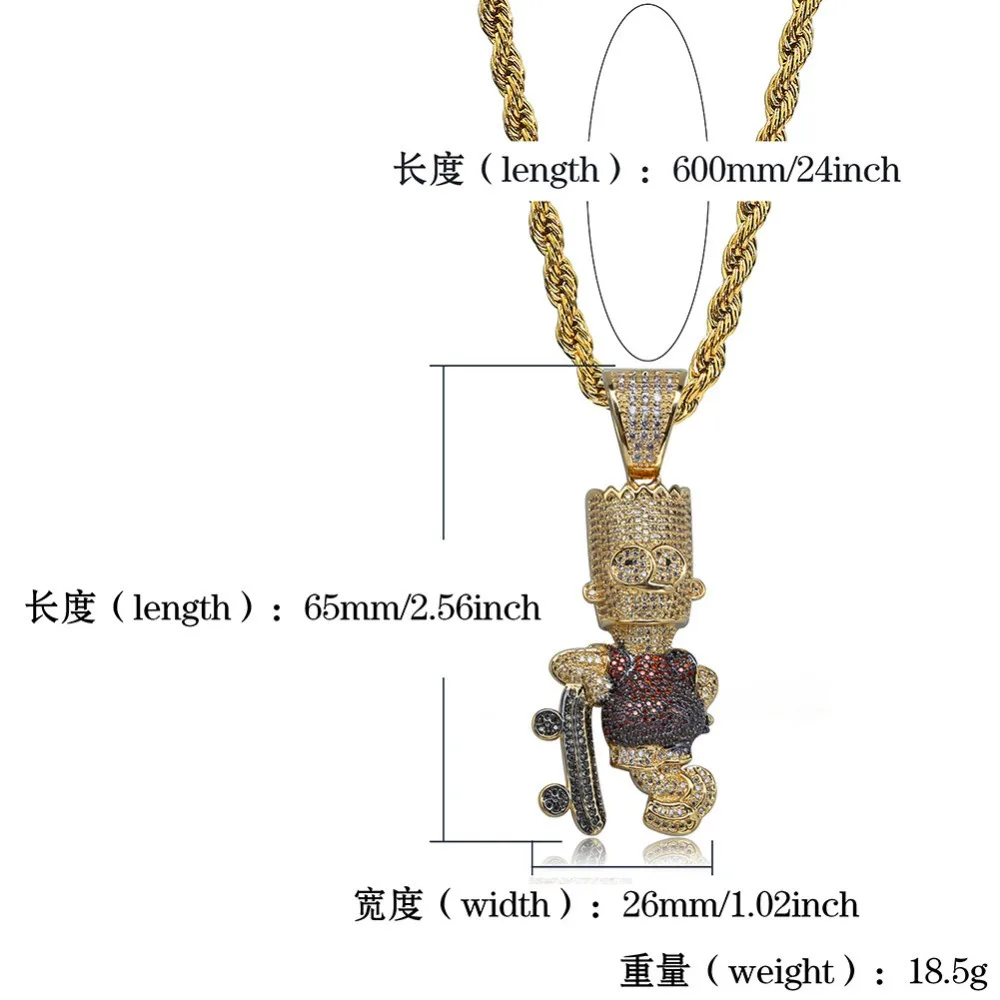 Micro Paved AAA Cubic Zirconia Bling Iced Out Skateboard Simpson Pendants Necklace for Men Hip Hop Rapper Jewelry Gold Color