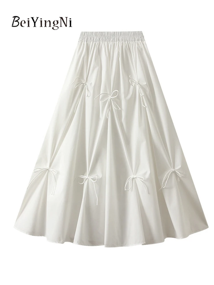 

Beiyingni New In Casual A-line Midi Skirts Women Bow Tie Korean All-match Large Hem High Waist White Skirt Woman's White Jupes