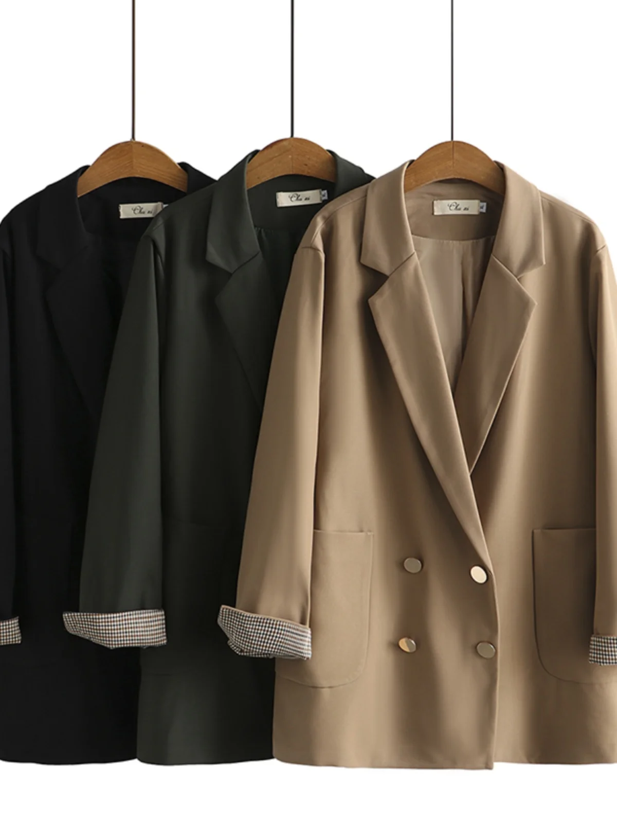 

Spring 2023 Korean Style plus Size Casual Shirt Loose Suit Collar Double Button Plaid Coat Long Sleeve Regular Length Pure Color