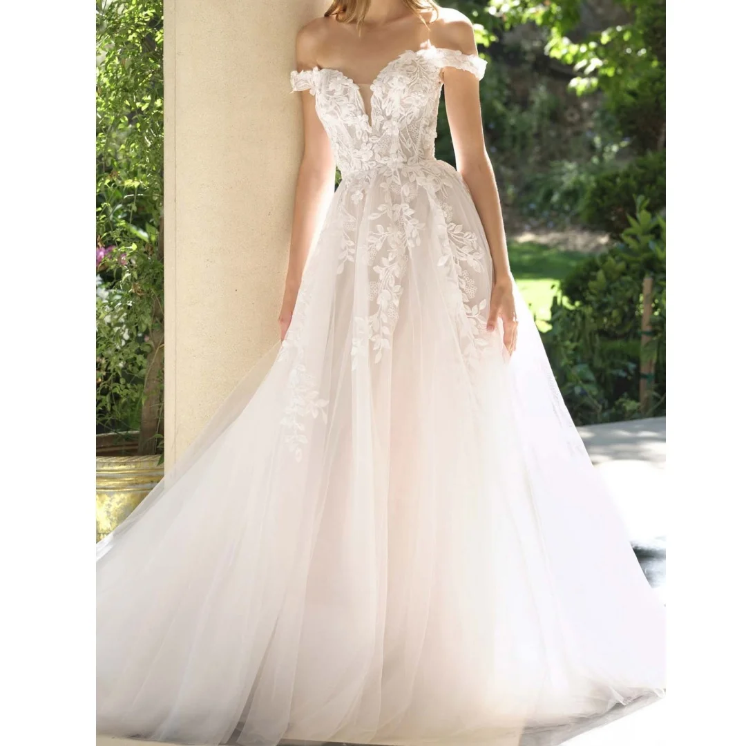 

Civil Wedding Dresses Off the Shoulder Lace Appliques Sweetheart A-line Prom Dress Lace Up Marriage Formal Evening Bridal Gowns