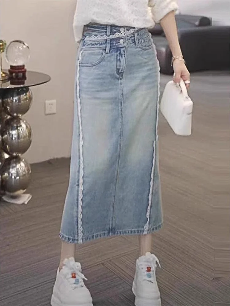 

Юбка джинсовая женская с высокой талией, прямого кроя, утягивающая, универсальная, повседневная, с кружевным разрезом, в корейском стиле, модель 2025 года