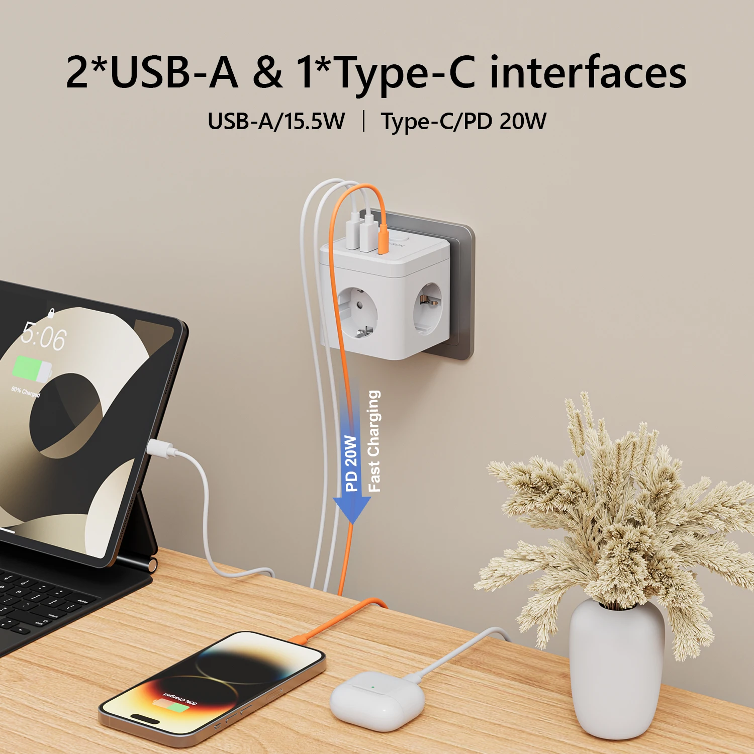 ANRMESUN EU Przedłużacz zasilający w kształcie kostki z 3 gniazdami AC + 2 USB QC3.0 + 2 USB-C PD20W z szybkim ładowaniem, gniazdo ścienne z włącznikiem/wyłącznikiem — zdjęcie produktu 5