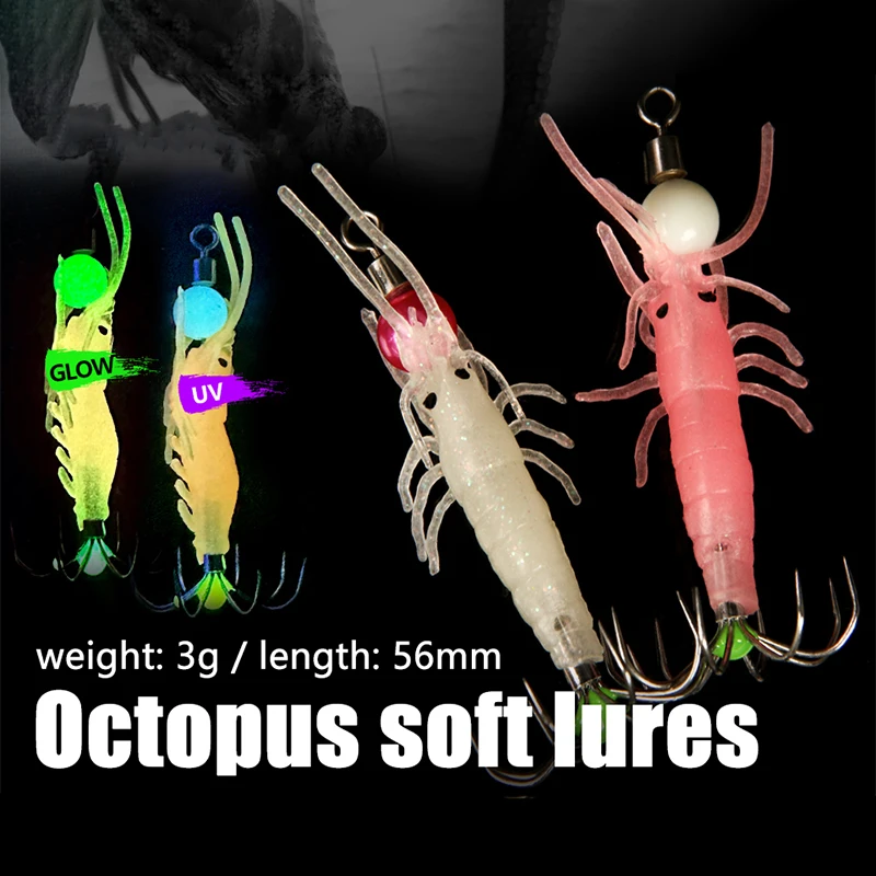 10PCS Luminous Artificial Squid Lures Imitation Shrimp Hook for Fishing Webfoot Octopus Soft-Footed Shrimp Sea Fishing Lure