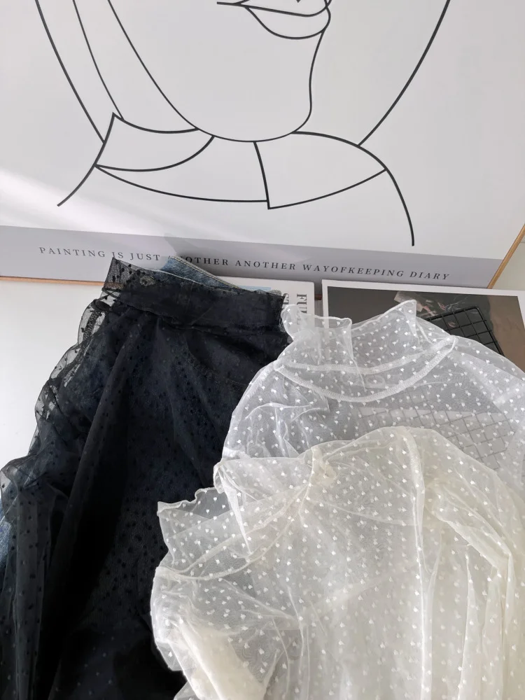 Korean Style Versatile Polka Dot Lace T-shirt Half High Collar Basic Shirt Women's Spring 2026 New Semi Transparent Top Trend