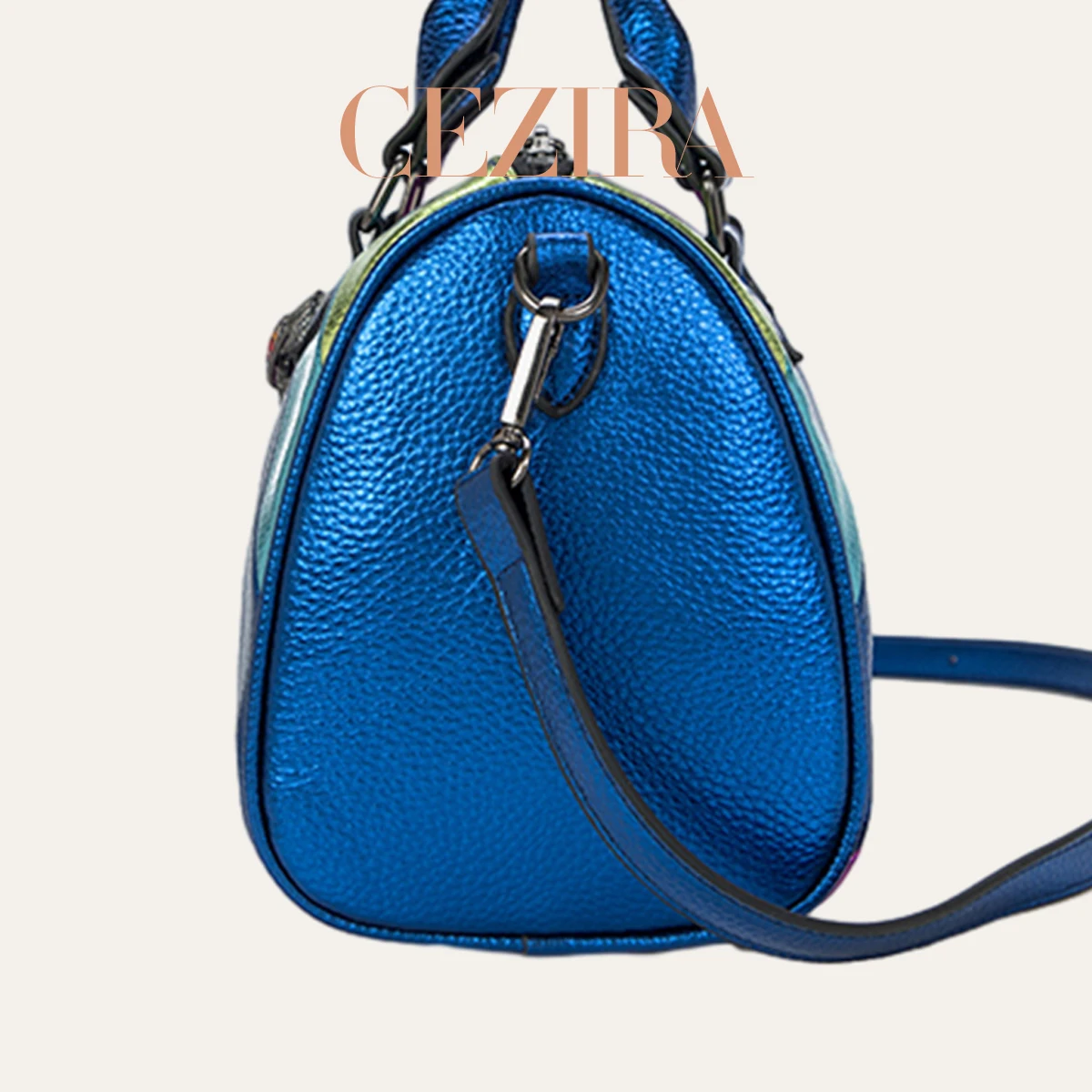 CEZIRA Luxury Metallic PU Vegan Leather Boston Bag Women Fashion Colorful Stripes Patchwork Top-handle Purse Crossbody Handbags image 5