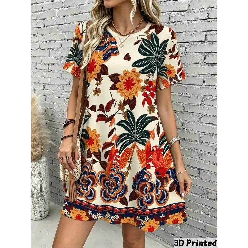 Vestido de estilo vacacional con estampado floral retro en 3D, manga corta, cuello redondo, corte holgado y línea en A. Vestidos de mujer.