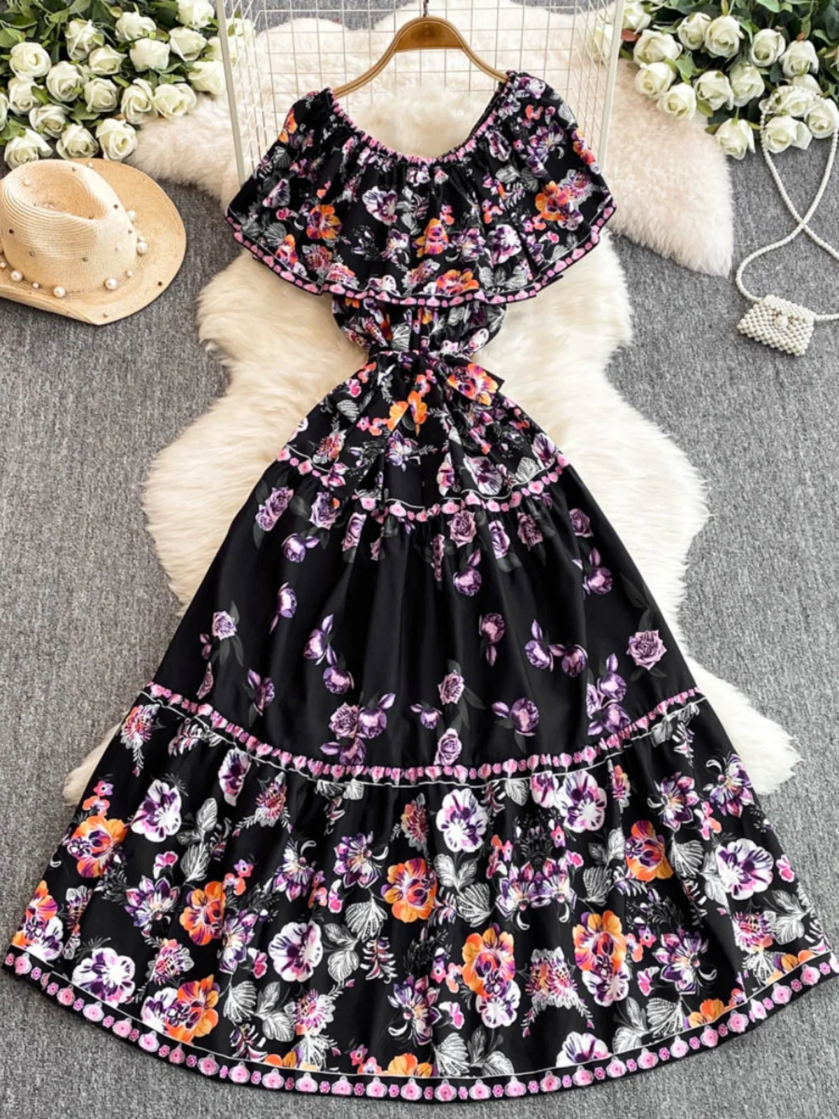 Vestido Largo de Verano con Estampado Floral, Un Hombro Descubierto, Cinturón, Estilo Coreano, Cintura Alta, Estilo de Cuento...