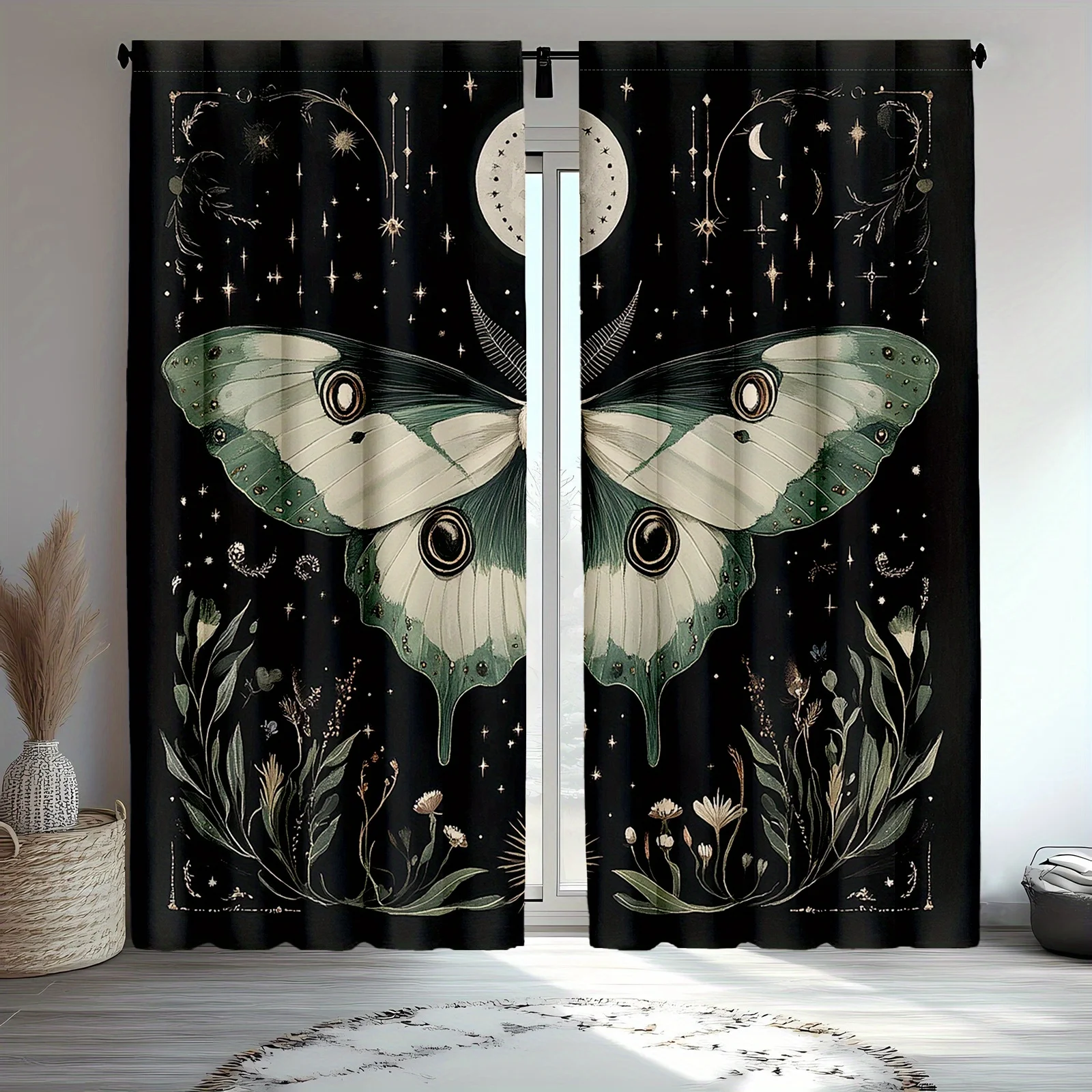 Celestial Moth Star Night Sky Curtain 2pcs Black Galaxy Drapes for Bedroom Home Decor Aesthetic Window Covering