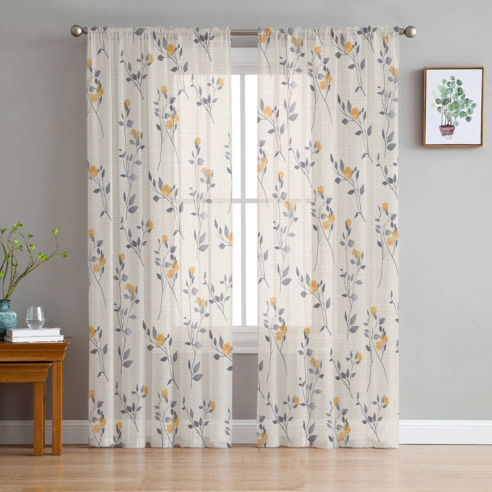 Hand-Painted Leaf Plant Yellow Sheer Curtains For Living Room Window Long Tulle Curtain Bedroom Kitchen Decoration Voile Drapes