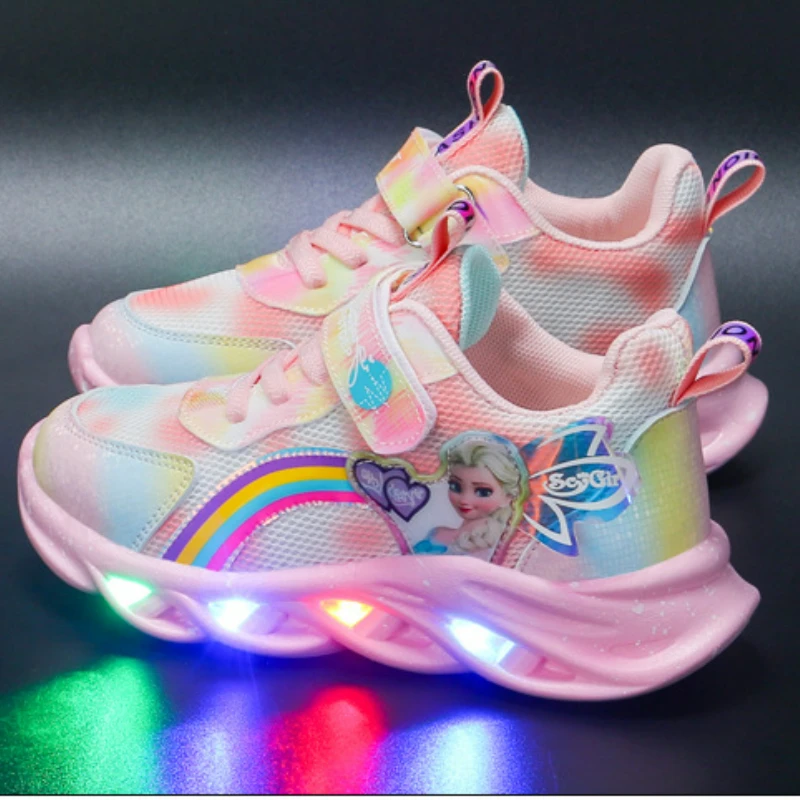 Disney Girls\' Casual Shoes Led Lights Mesh Breathable Children\'s Sports Princess Elsa Pink Purple Shoes Sneakers Size 22-37