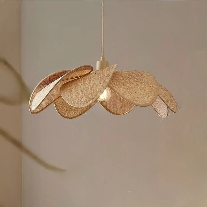 Japanese Wabi-sabi Straw Weaving Petal LED Pendant Light Iron Art Hanging Lamp Living Room Bedroom Kitchen Restaurant Chandelier
