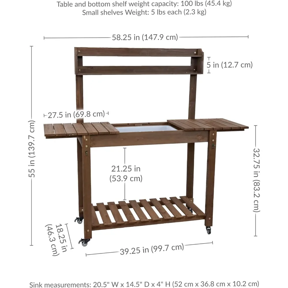 Garten-Topfbank mit Rädern und Waschbecken – Topftisch für den Außenbereich – Gartentisch mit Pflanzstation und Haken – Braun