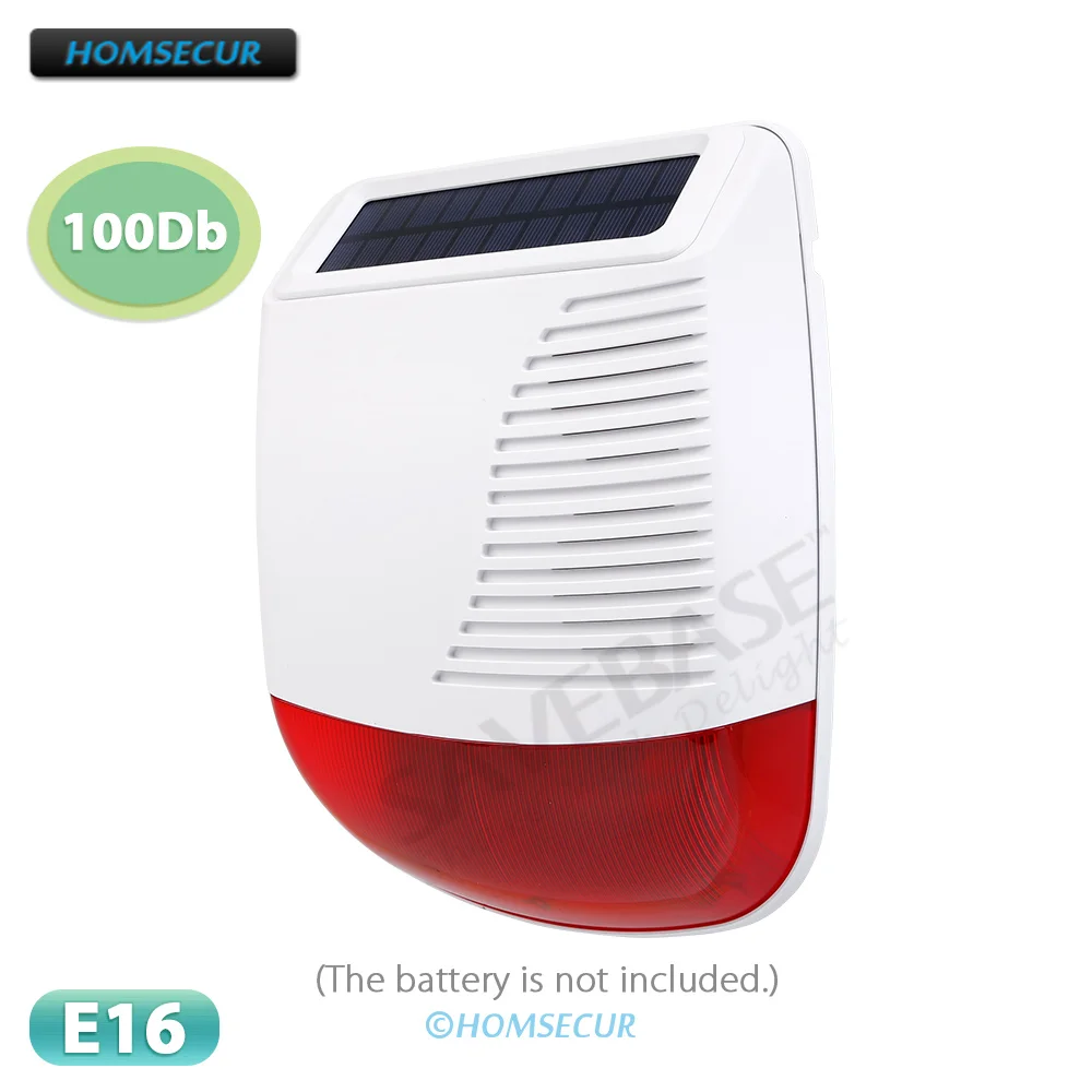 HOMSECUR E16 لاسلكي خارجي يعمل بالطاقة الشمسية ستروب فلاش صفارة الإنذار 95Db 433MHz لنظام إنذار أمان المنزل Tuya WIFI 4G GSM