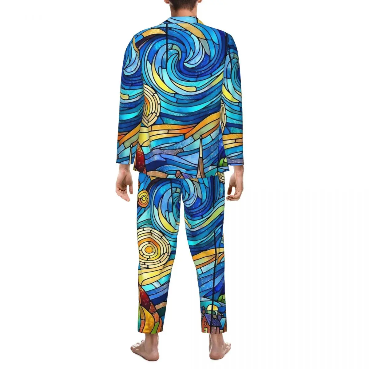 A noite estrelada pijamas primavera vitral impressão casual solto conjunto de pijama de grandes dimensões masculino manga longa romântico sono casa terno