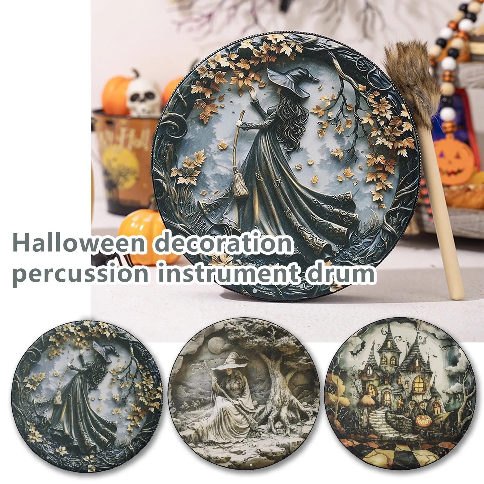 Creative Halloween Decoration Percussion Instrument Drum Halloween Shaman Drum Hand Drum With Drumsticks Horror Layout