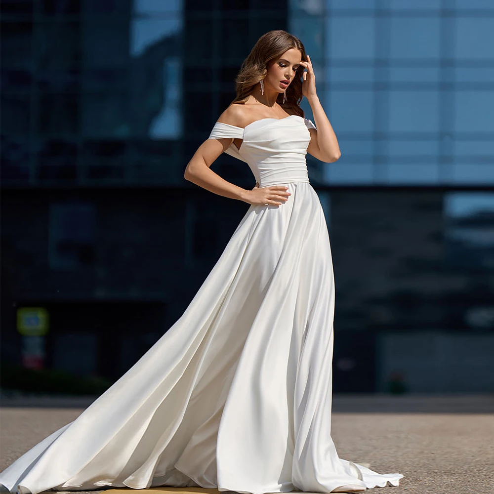 

Simple Boat Neck Wedding Dresses with Pleat Summer 2024 New Off Shoulder Bridal Gowns for Women New Pleat Vestidos De Novia 2025