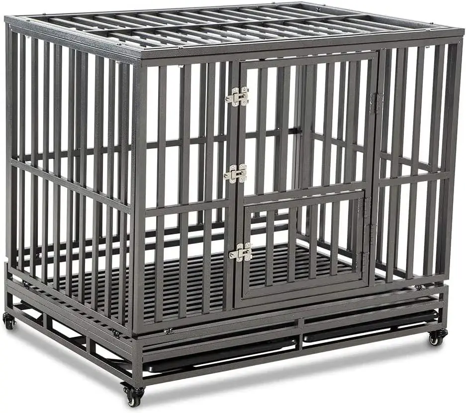 Heavy Duty Dog Cage Metal Kennel and Crate for Medium and Large Dogs, Pet Playpen with Four Wheels,Easy to Install