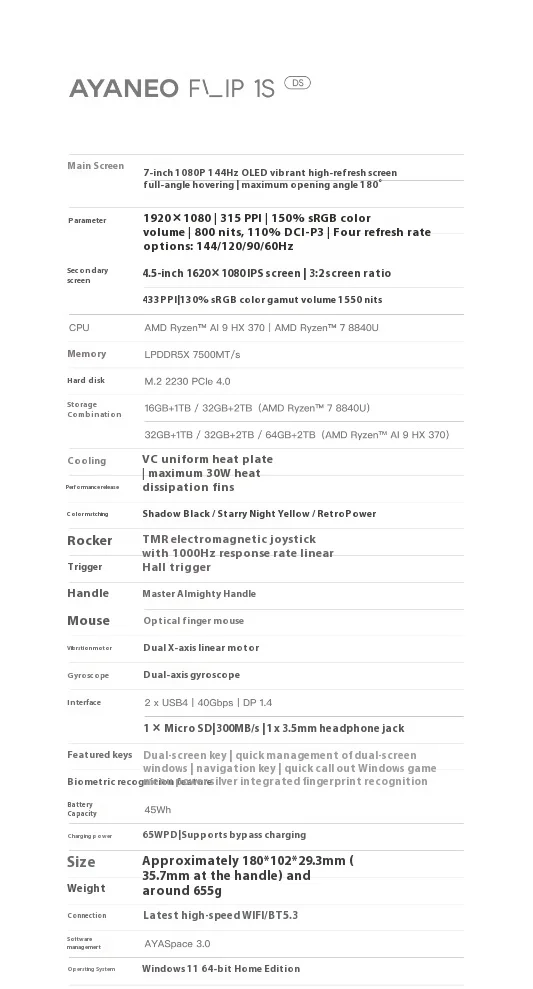 AYANEO Flip 1S DS Flip Game Console 7" 1080P 144Hz OLED Screen Portable Handheld Console HX370 8840U Dual Screens Game Machine