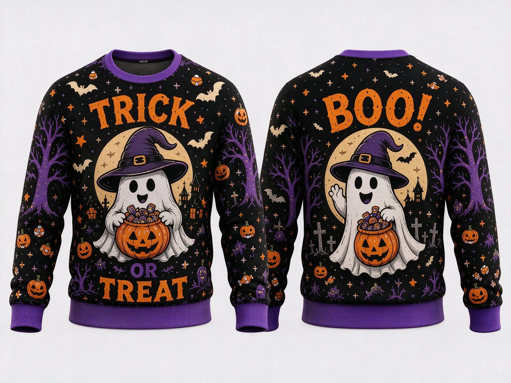 Cute Ghost Halloween Crew Neck Sweatshirt Unisex Trick or Treat Pumpkin Full Print Casual Party Long Sleeve Pullover Top