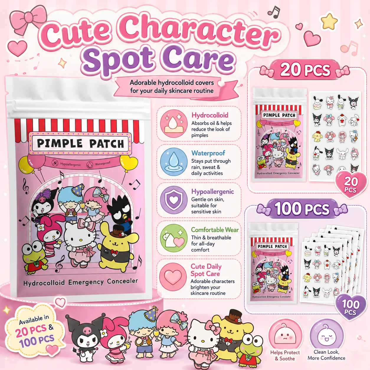 20/100pcs Hello Kitty Hydrocolloid Pimple Patch Set, Cute Cartoon Spot Stickers, Waterproof Invisible Face Care Patches view 5