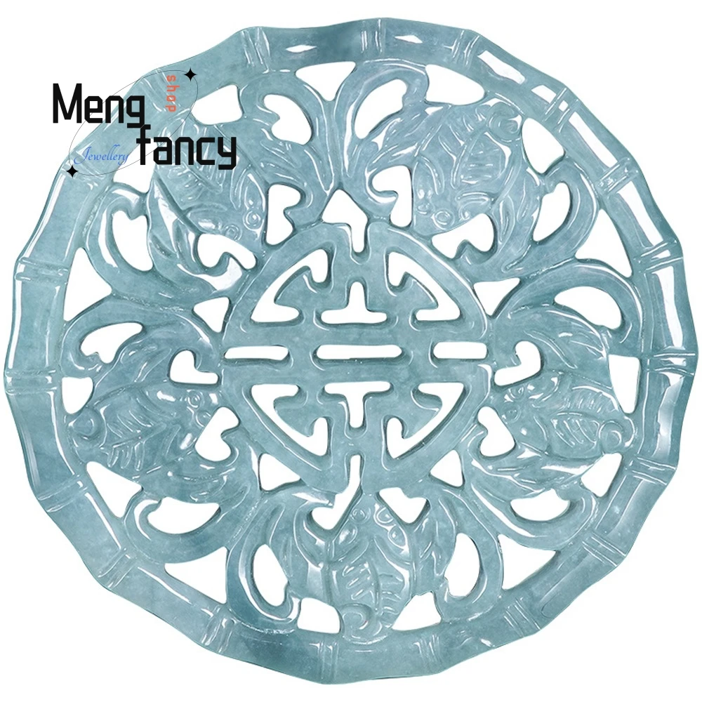 Natural A-Grade Jadeite Blue Water Five Blessings Arrive At The Door, Presenting Longevity Pendant, Glutinous Seed Jade Pendant