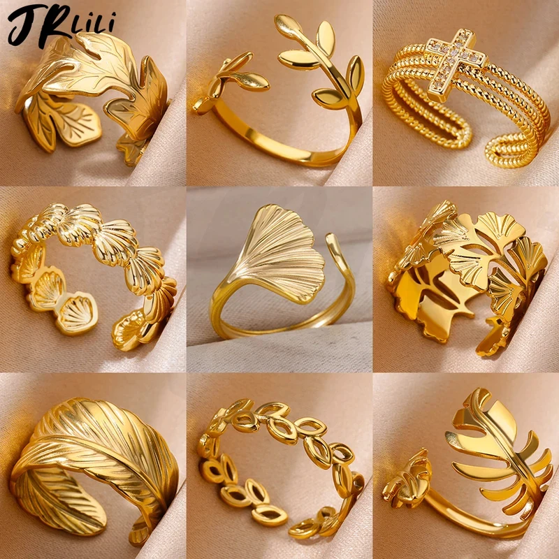 Stainless Steel Leaves Ring For Women Gold Color Shell Starfish Rose Moon Wedding Ring Trend Summer Beach Jewelry Accessories