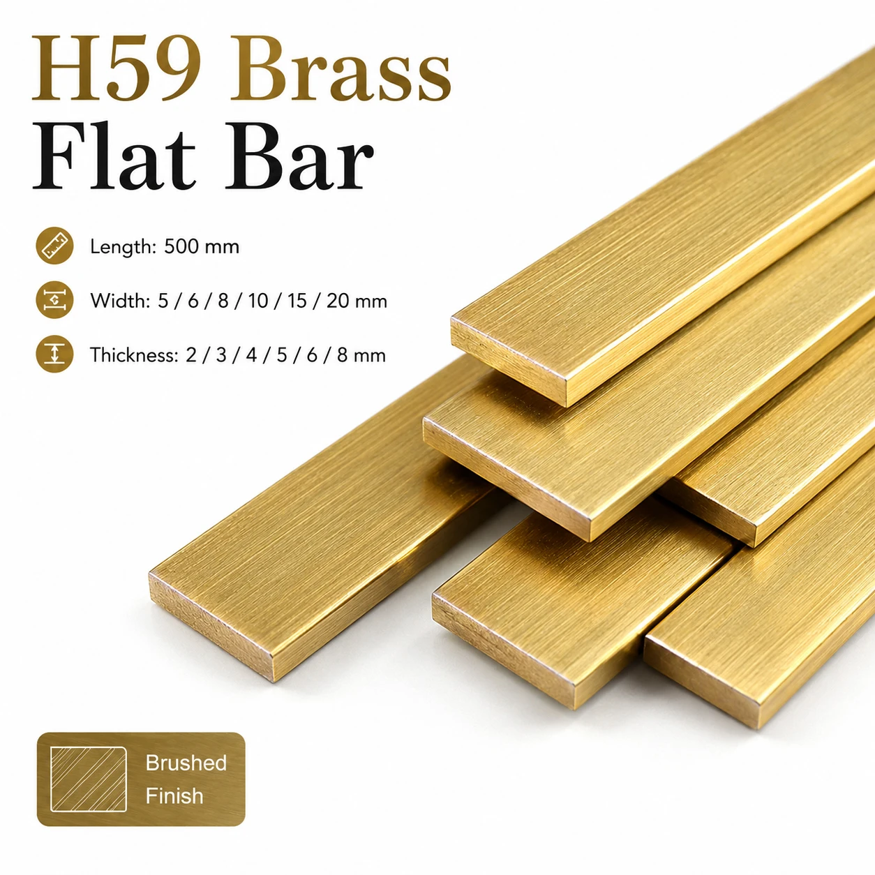 1-5Pcs H59 Brass Flat Bar 500mm, 2/3/4/5/6/8mm Thick Coppers Alloy Strip Plate for Craft, DIY & Industrial Material