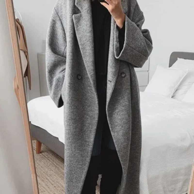 

Women's Winter Double Breasted Faux Wool Coat Long Sleeve Notch Lapel Long Trench Coat