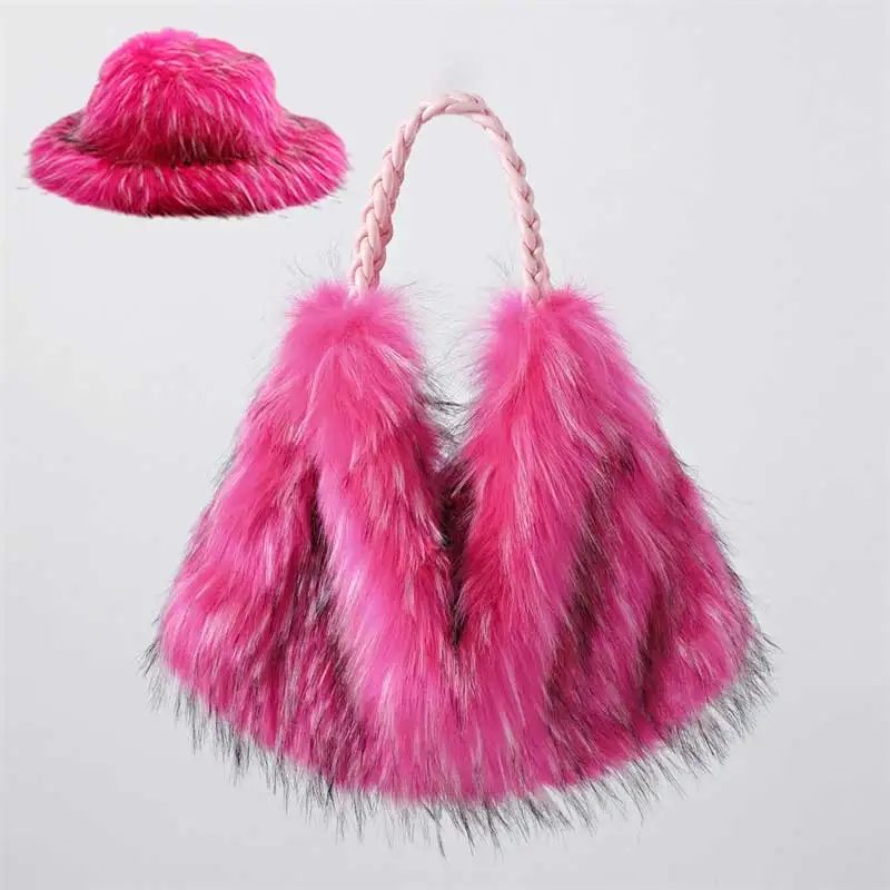 Fur hat Y2K Autumn and Winter Women's Hats and Bags Faux Fur Bucket Hat Cow Printed Plush Warm Hat Bucket Hat