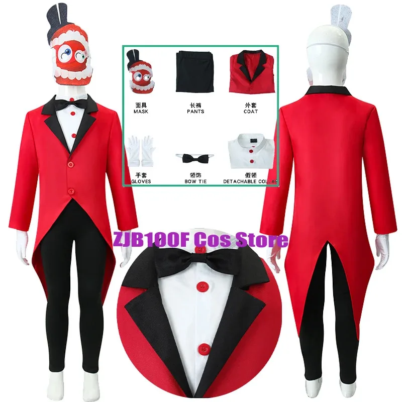 

Caine Cosplay Anime The Amazing Digital Circus Cosplay Costume Uniform Red Trench Mask Suit Halloween Party Stage Play Outfit