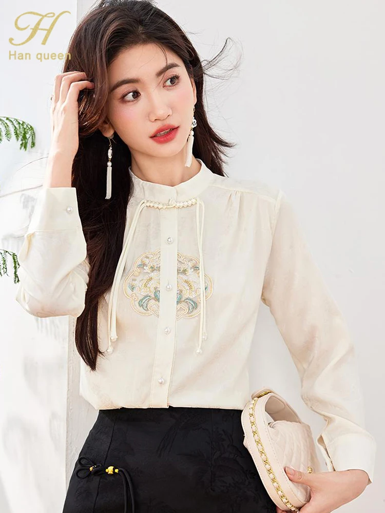 H Han Queen 2024 Autumn Tops Female Blouse Fashion Embroidered Simple Shirt Korean Chic Casual Blouse Long Sleeve Woman Clothing