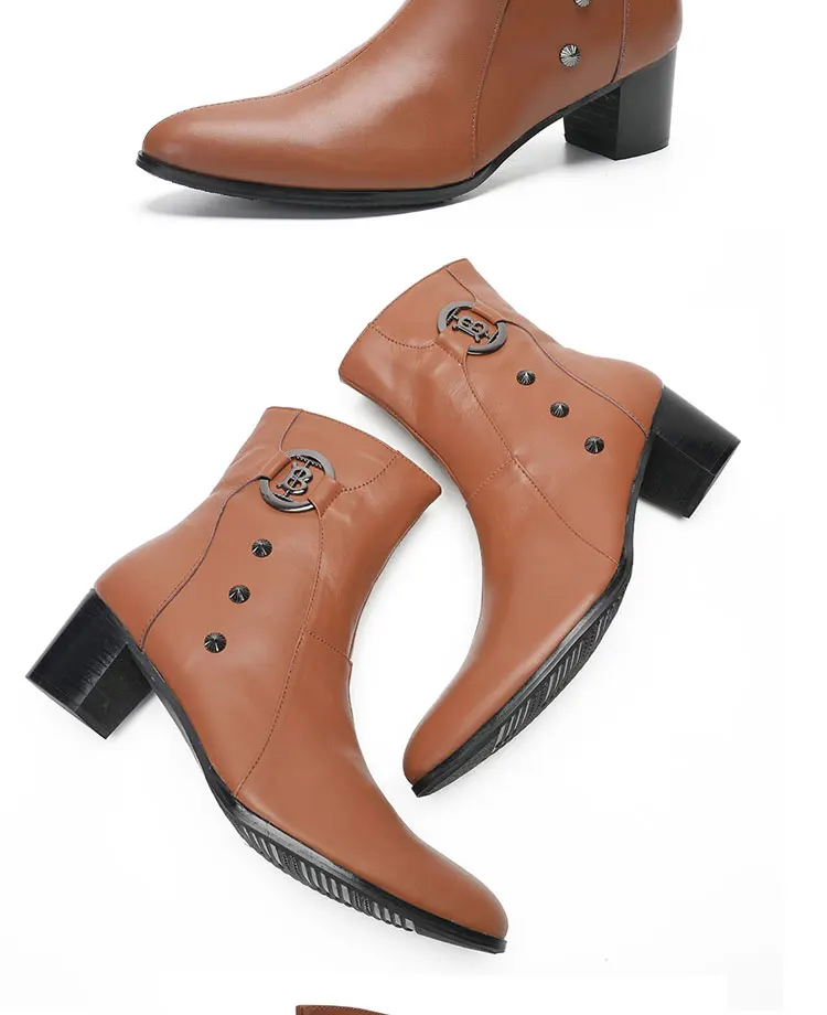 Frühling andAutumn Männer hochhackigen Quadratische kopf Bühne Laufsteg Hochzeit Stiefel top schicht rindsleder Starke Ferse Partei Heighten männer der Stiefel – Detail 2