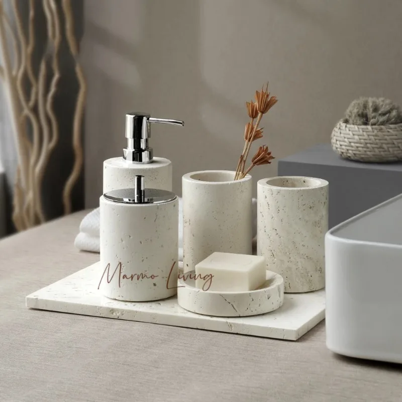 

Beige Travertine Bathroom Set Ture Natural Marble Stone Soap Dispenser Toothbrush Holder Tray Tissue Box Bathroom Accessories