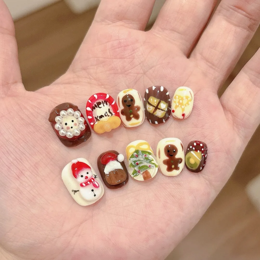 10 Pieces Sweet and Cute Christmas Themed Handmade Press On Nails Snowman Christmas Tree Gingerbread Man Art Fake Nails