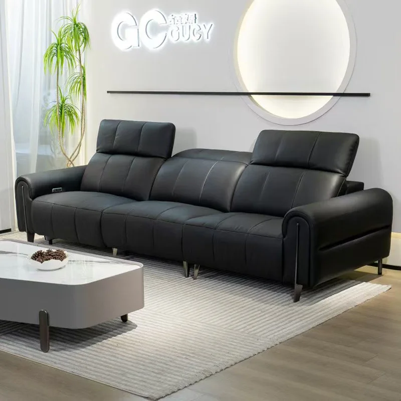 Knight Zero Wall Electric Leather Sofa Black Retro Style Leather First Layer Cowhide High Backrest Adjustable Sofa