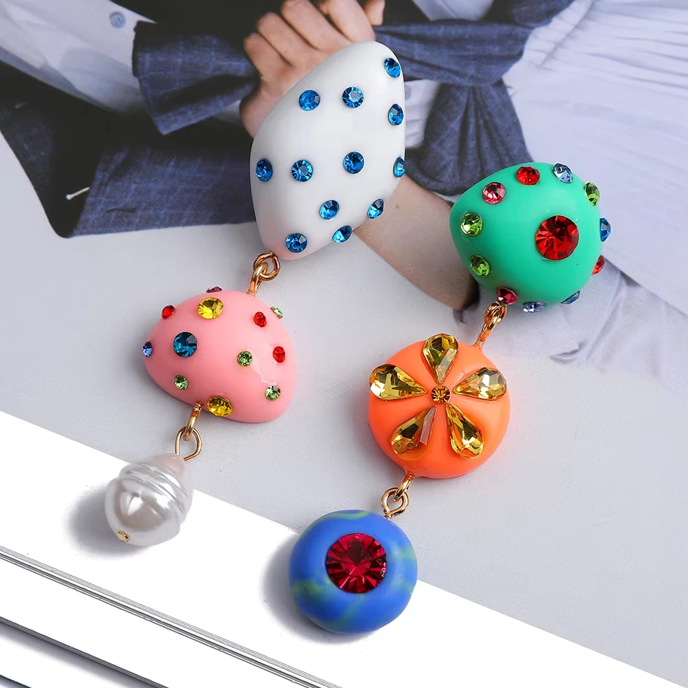 Hot Selling Asymmetry Long Pendant Candy Color Resin Inlay Drill Geometry Zircon Earrings for Women Holiday Charm Jewelry Gift
