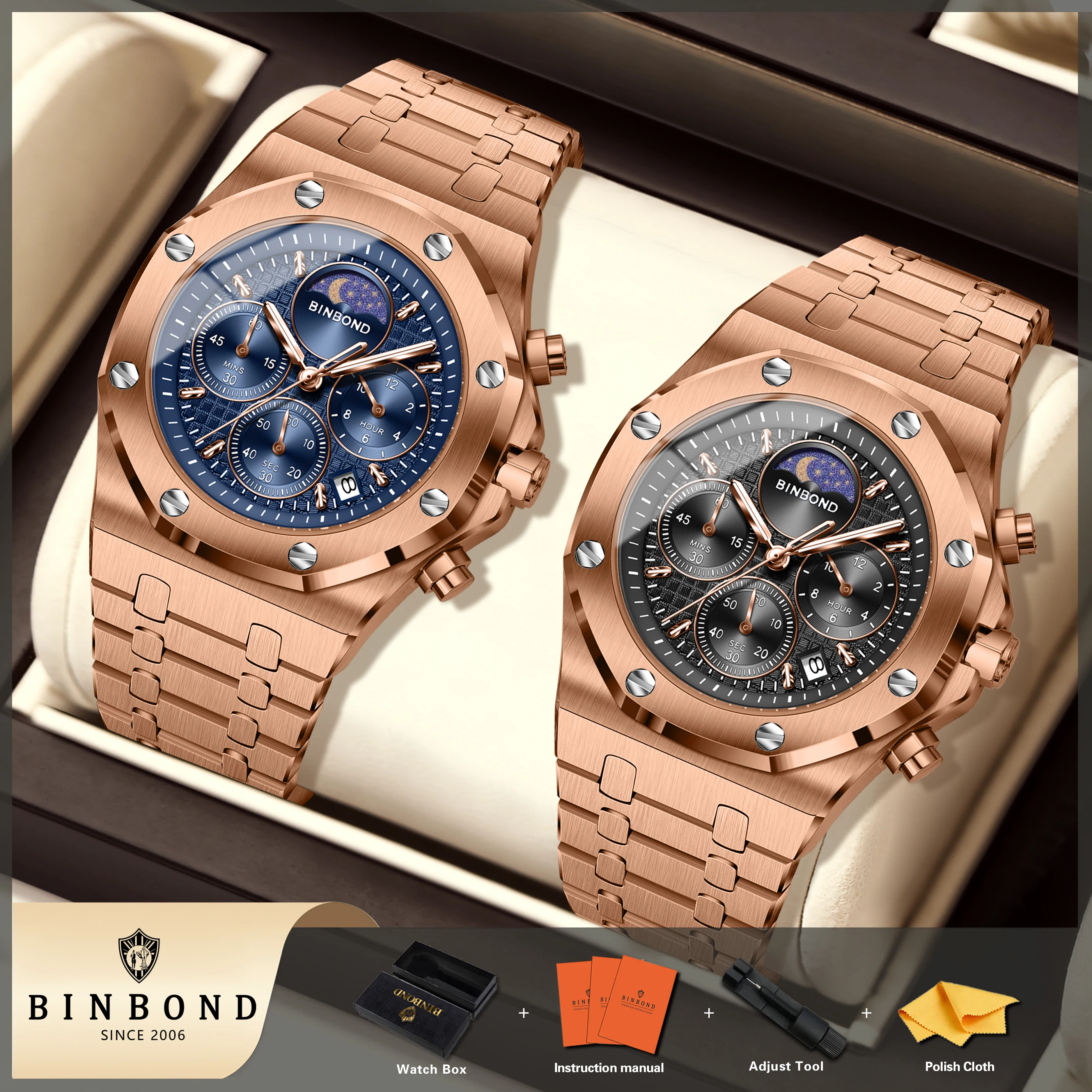 Smartwatch Luxury Watches For Men - BINBOND นาฬิกาหรู รุ่นดั้งเดิม โครโนกราฟ ควอตซ์ สำหรับผู้ชาย