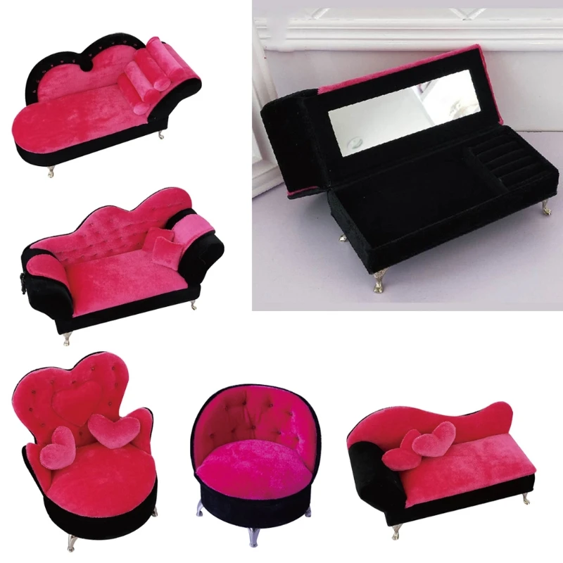 

1/6 Dollhouse Fancy Couch Sofa Rose Pink Jewelry Storage Organizer Box Flip Can Open Compartments Armchair Sofa Box Gift