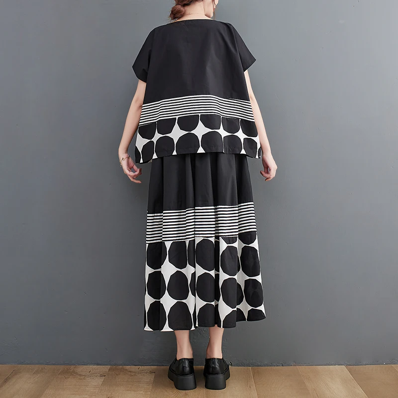 Oversized Vintage Print Loose 2 Two Piece Set Summer Short Sleeve Casual T Shirt Women T-shirt Fashion Clothing Skirt Suit 2026