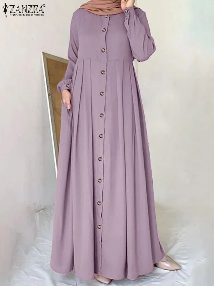 ZANZEA Women Spring Muslim Dress Abaya Kaftan O-Neck Full Sleeved Solid Tunic Robes Bohemian Casual Elegant Islamic Dresses