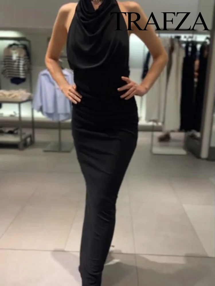 

HH Women Summer Fashion Halter Neck Fold Button Zipper Sleeveless Dress Female Elegant Sexy Backless Slim 3-Color Long Dress