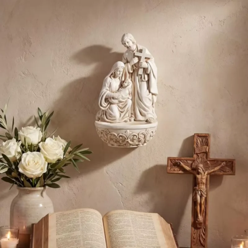 Holy Water Font Resin Wall Hanging Decor Holy Family Saint Joseph Mary and Infant Christ Statue Catholic Religious Home Decor