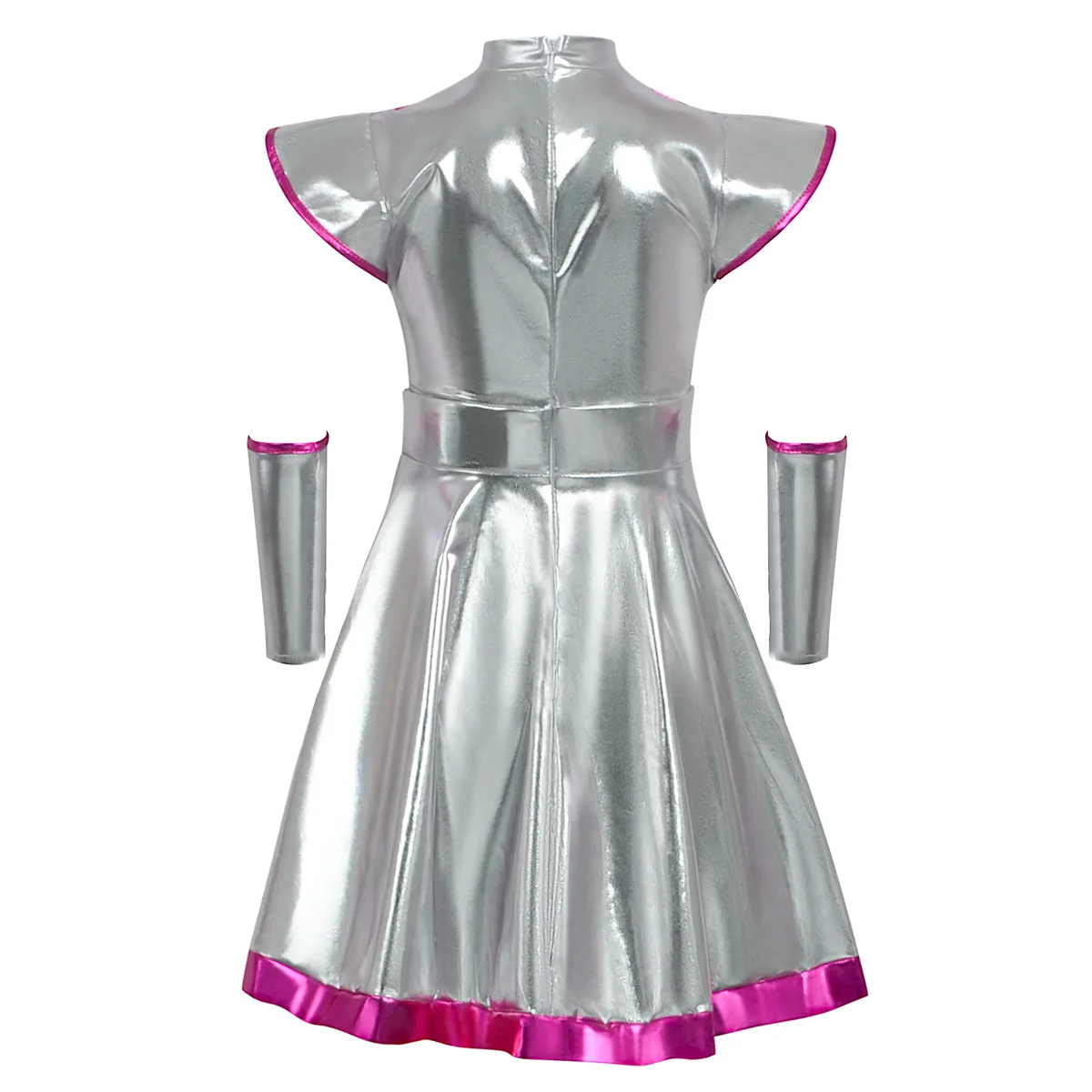 Disfraz de Alien para niñas, disfraz de astronauta Robot de Halloween, vestido metálico brillante con manga para el brazo, conjunto de ropa elegante