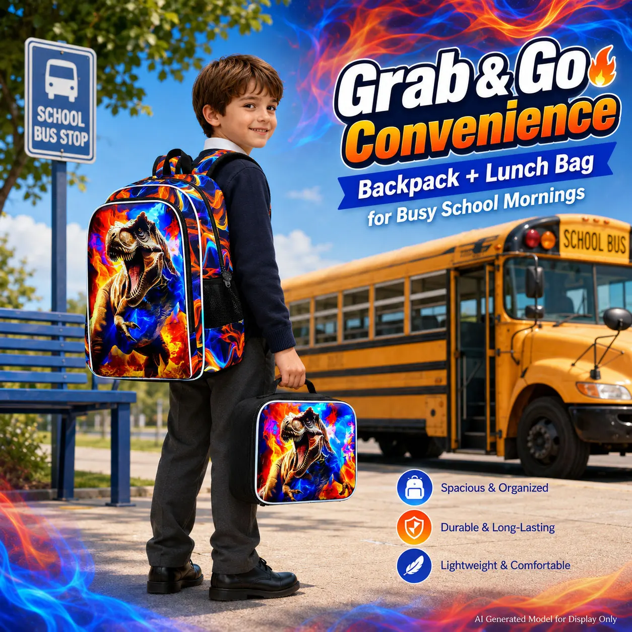 3pcs-17in-uv-flame-yellow-skin-t-rex-boys-backpack-set-school-backpack-with-handbag-pencil-case