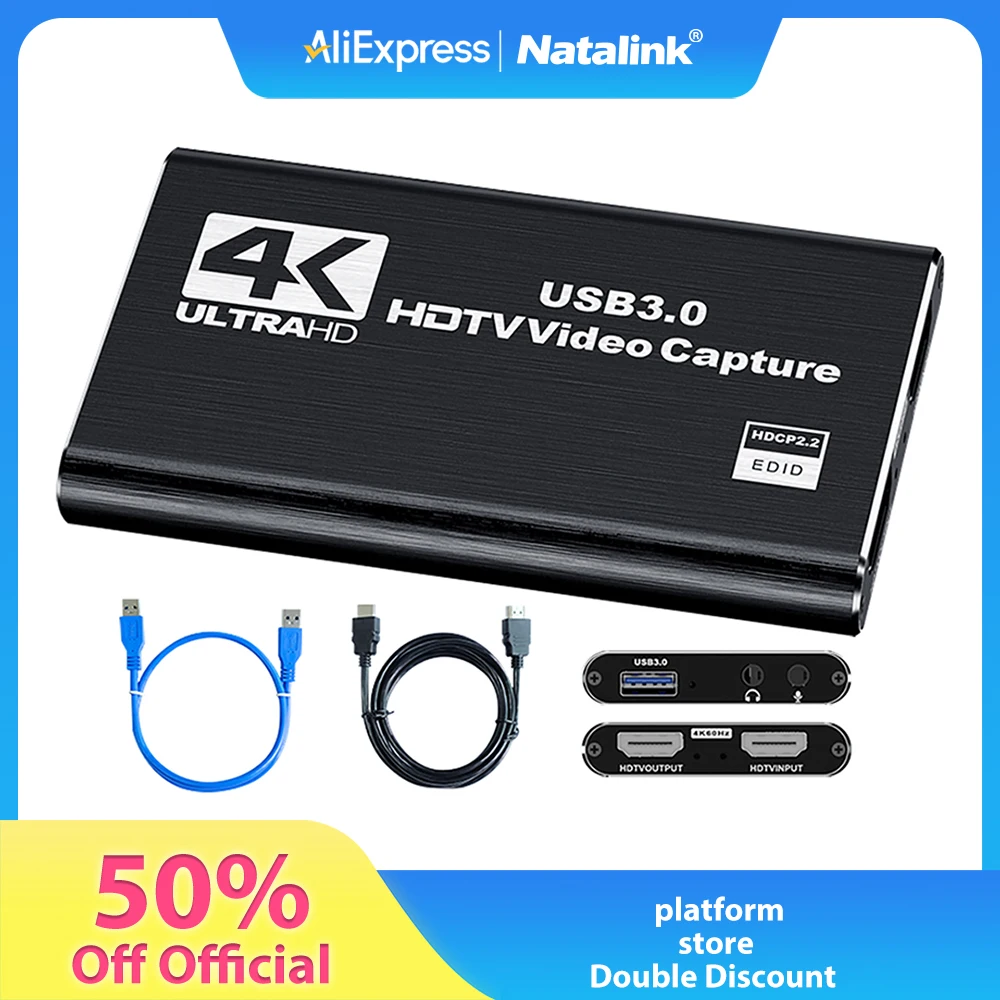 

Natalink 4K HDTV в USB 3.0 Карта видеозахвата, HD-рекордер для игр 1080P 60FPS для прямой трансляции OBS, PS4, камеры и ПК