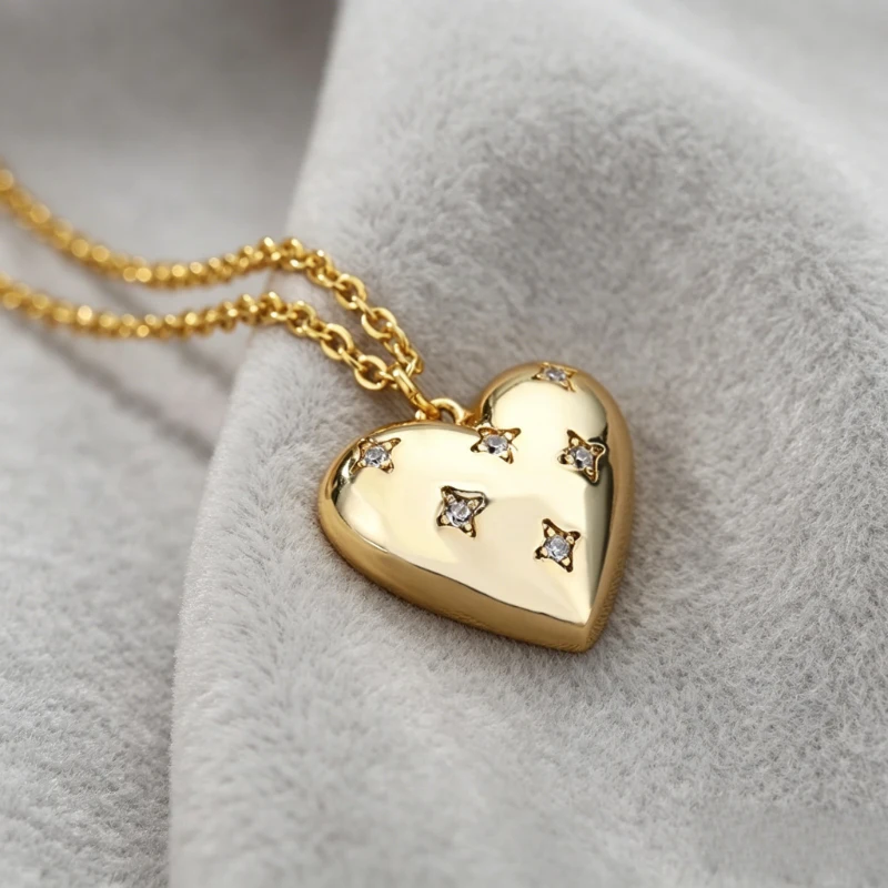 Zircon Heart Necklace For Women Stainless Steel Gold Color Star Girl Chain Collar Luxury Wedding Jewelry
